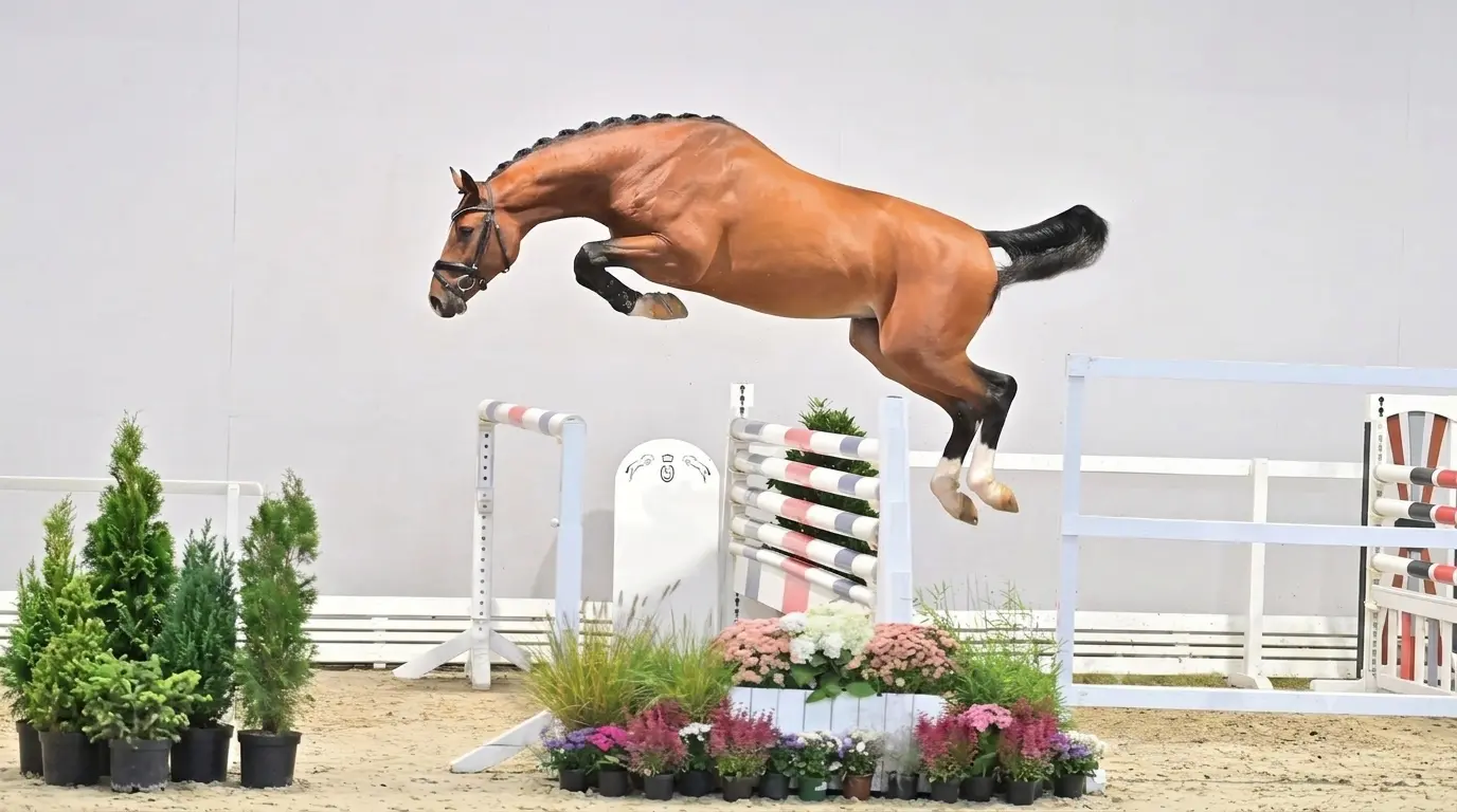 Springpferd aus der Zucht Hendrik Hüsker im Sprung über ein Turnierhindernis